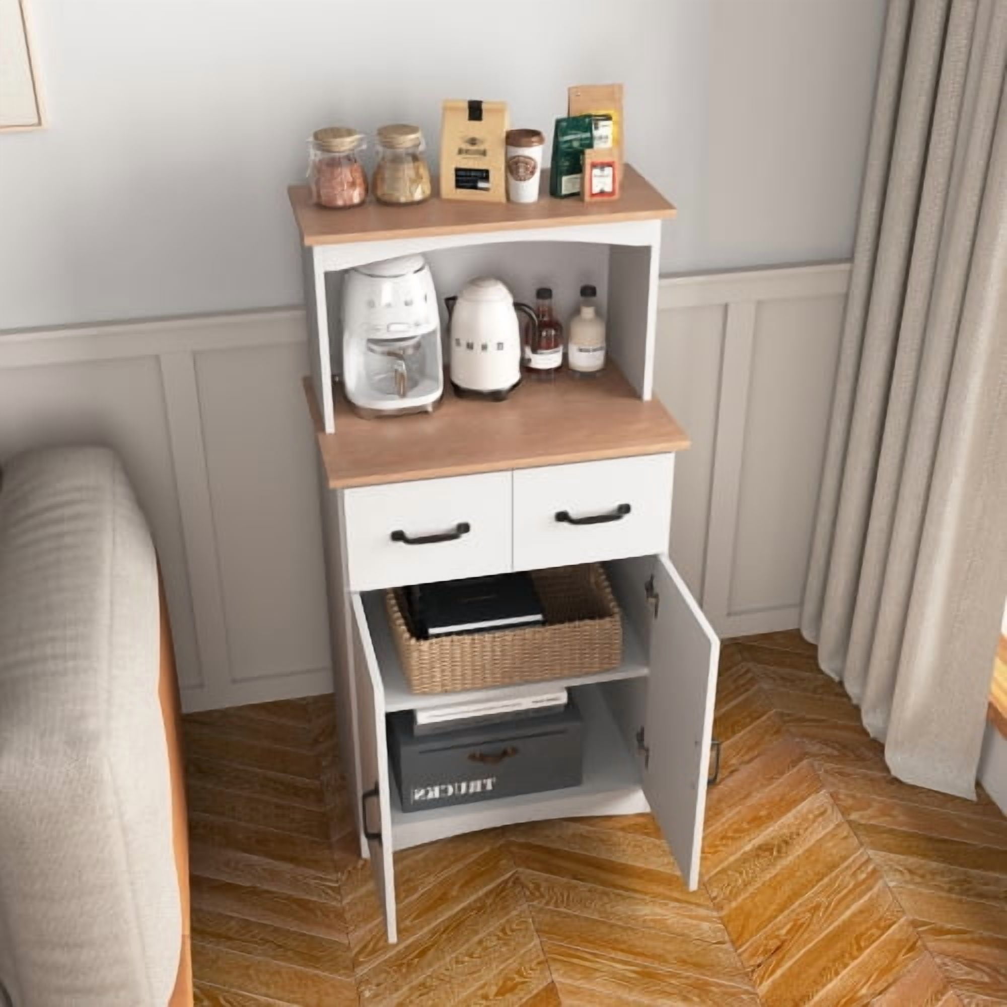 Transform Your Kitchen with Wooden Pantry Cabinet – Modern Storage Hutch with Glass Doors, Drawers & Microwave Shelf – Adjustable Shelves, Anti-Topple, Spacious Organization for Home & Apartment