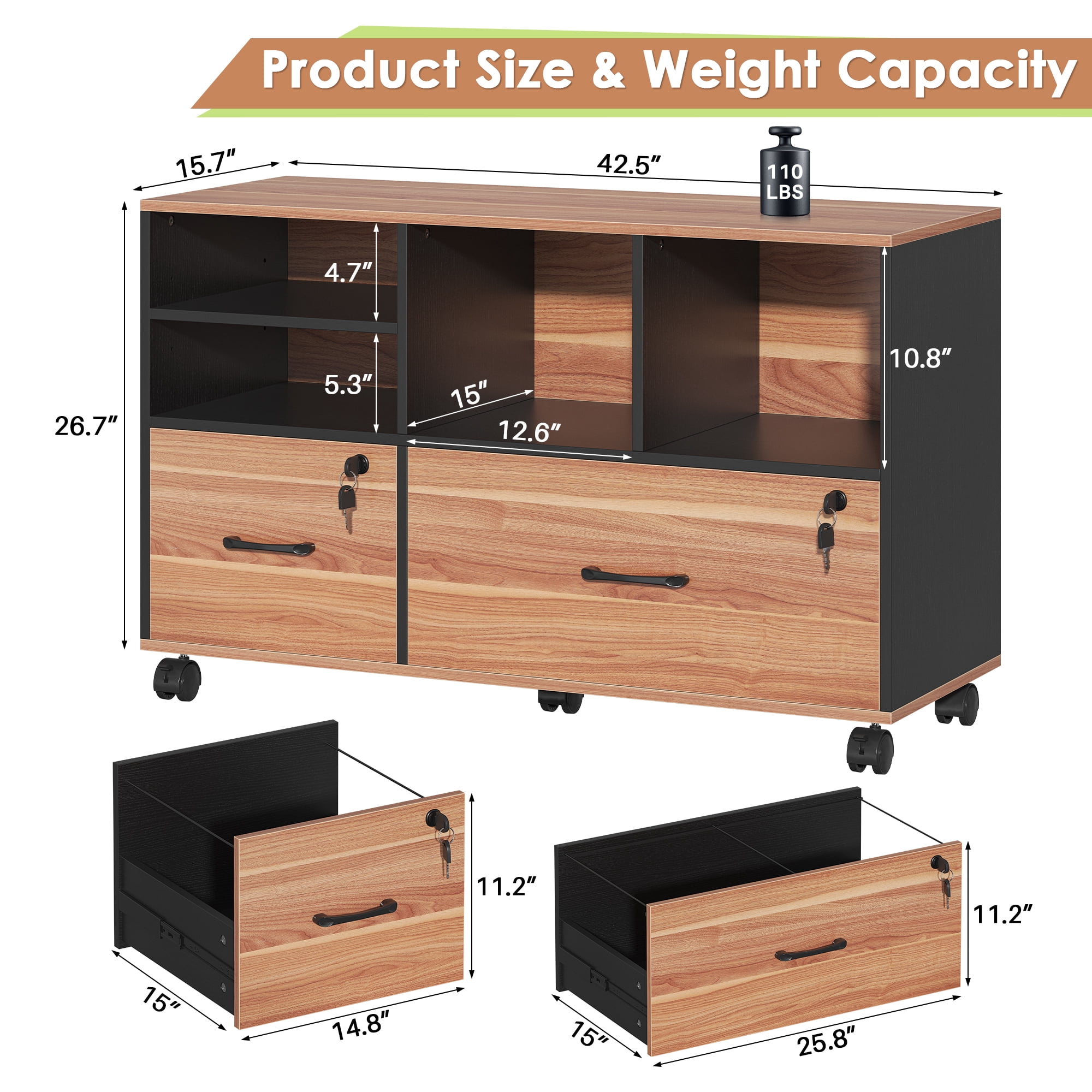 Semoic 2 Drawer File Cabinet for Home Office, Lockable Rolling Filing Cabinet with Adjustable Shelves, Wood Lateral File Cabinet with Lock, Printer Stand Office Storage Cabinet, Rustic Brown & Black