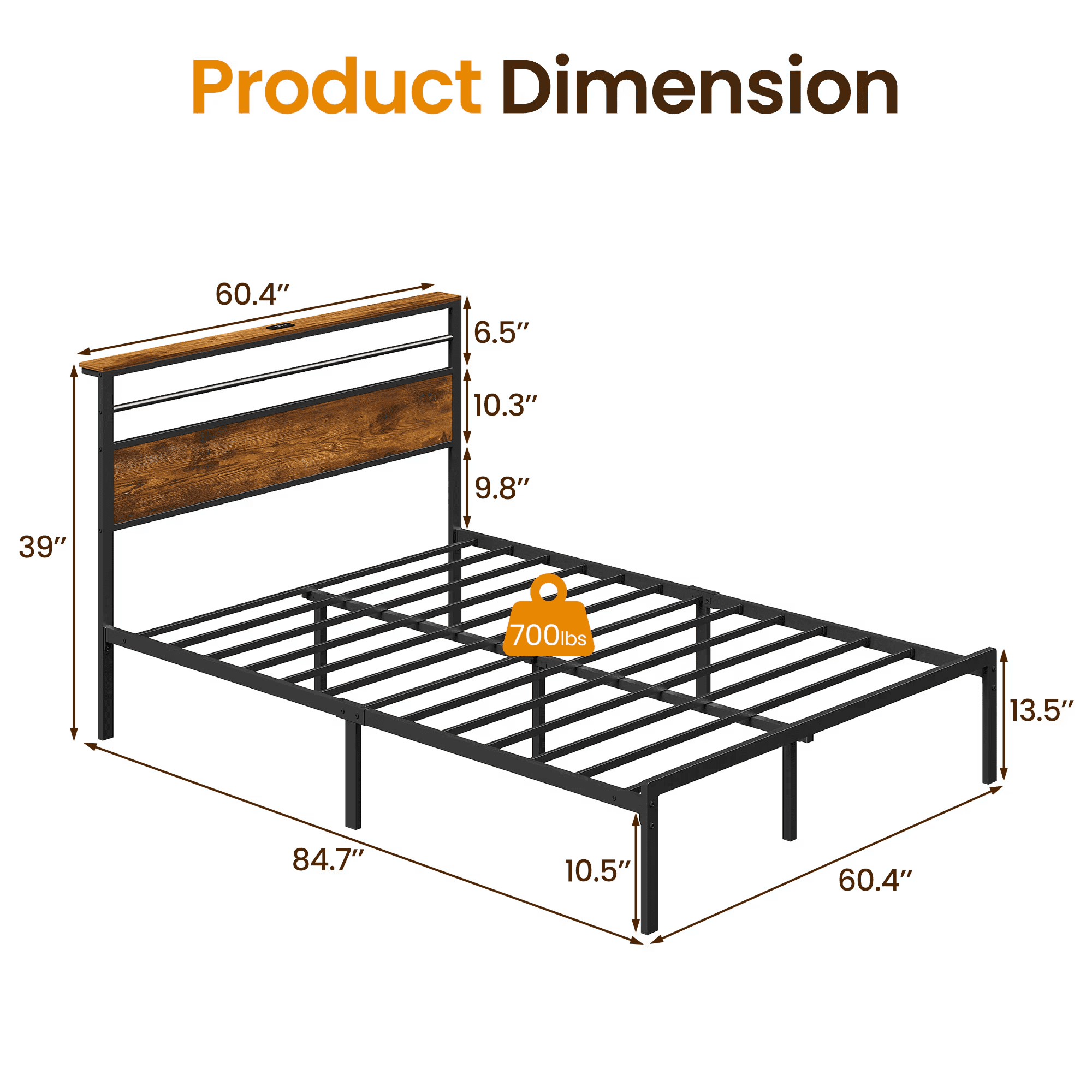 Mintazer Queen Size Metal Platform Bed Frame with Upholstered Headboard & Charging Station, No Box Spring Needed, Brown