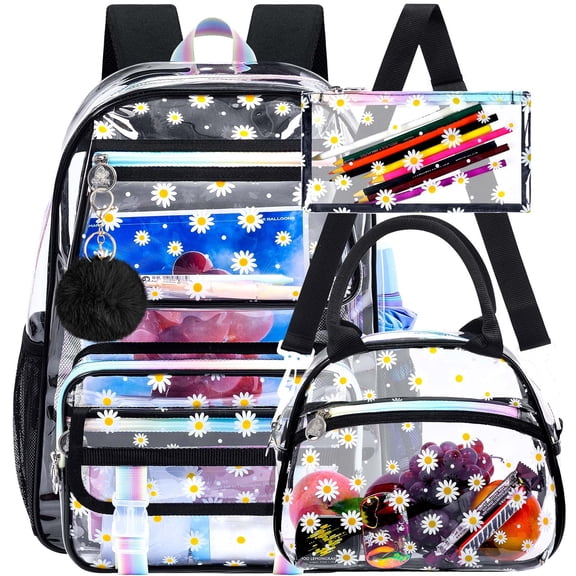3PCS Girls Clear Bookbag, Chrysanthemum Black See Through Backpack Heavy Duty, Transparent PVC School Bag