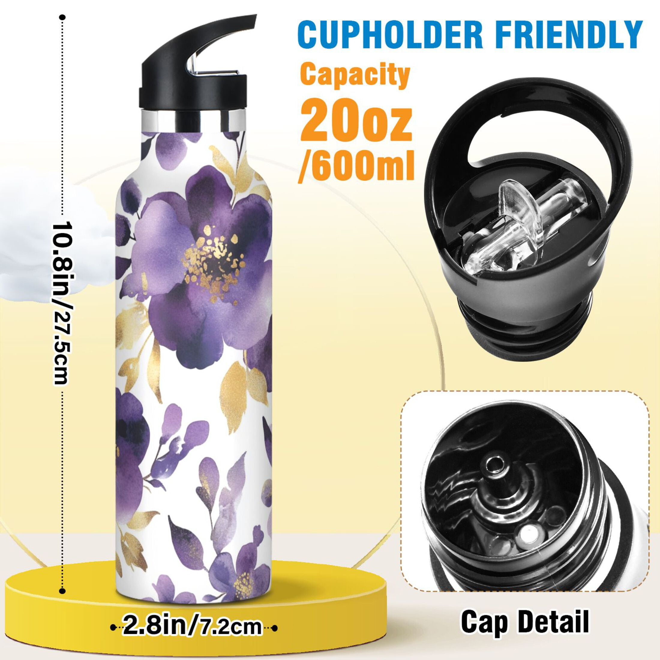 600ML Stainless Steel Insulated Cup Sports Water Bottle Portable Thermos Cup Water Glasses Insulated Tumblers Convenient and Durable Charming Purple Flowers