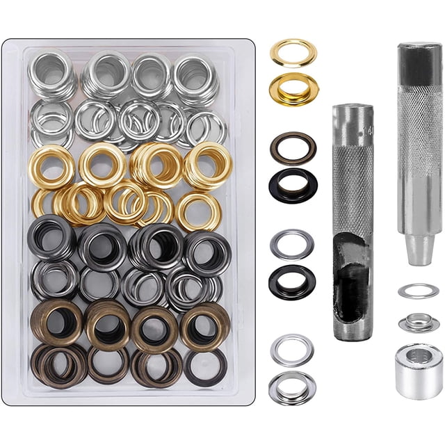 HO2NLE 100 juegos de ojales de 14 mm, kit de ojales, herramientas, kit de ojales de metal, ojales con herramientas para ojales para reparación de carpas de lona, bronce, plata, oro y negro