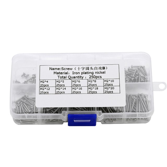250 piezas 4-20 tamaño M2 Cruz cabeza redonda autorroscante PA tornillos Kit (plata) JShteea Libre de BPA