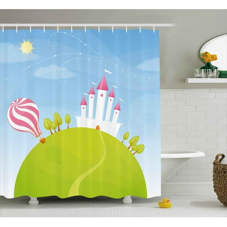 - Cartoon Decor Shower Curtain, Fantasy Castle on Top of the Hills and Hot Air Balloon in Sunny Sky Day Kids Art, Fabric Bathroom Set with Hooks, 69W X 70L Inches, Multi, by Ambesonne
