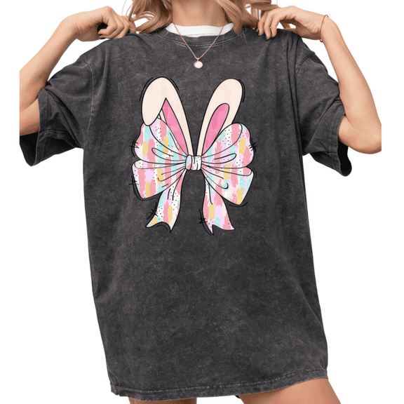 Women's funny Coquette Easter Bunny Ears with Pastel Brushstroke Bow Mineral Graphic Comfortable Washed T Shirt Black S-2XL Plus Size