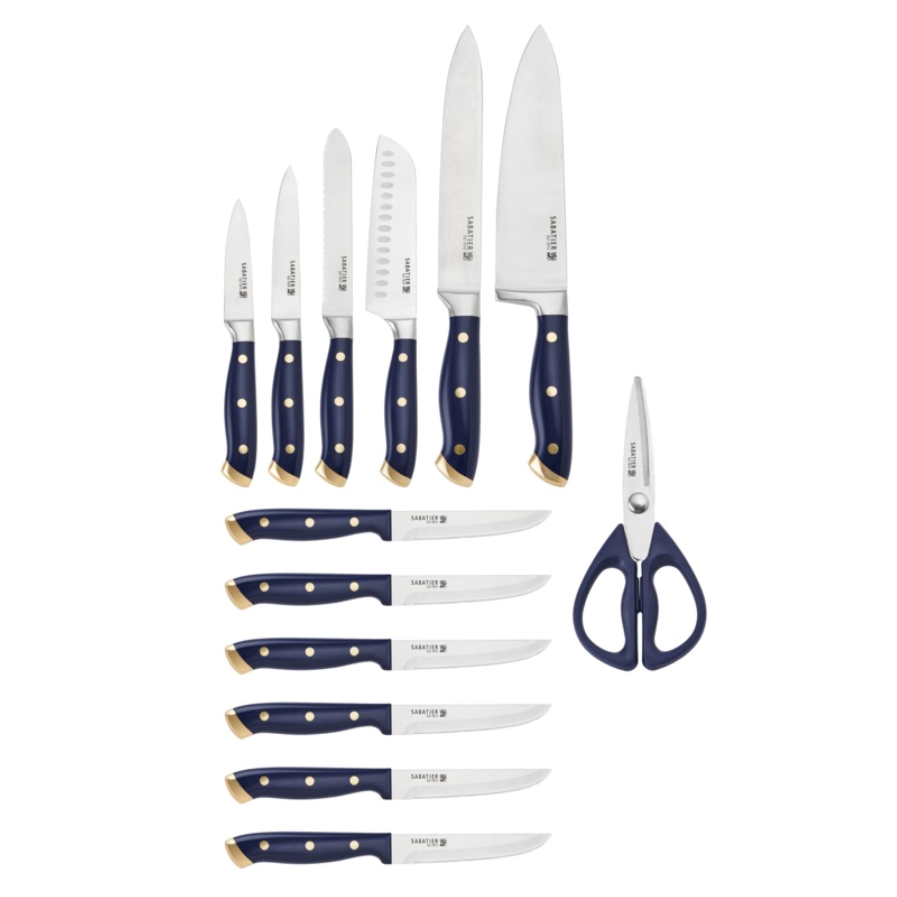 Sabatier 14 Piece Forged Triple Rivet Knife Block Set with Navy Handles and Brass Accents