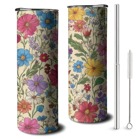 20oz Pioneer Flower Skinny Tumblers Stainless Steel Tumbler with Lid and Straw,Vacuum Insulated Double Wall Travel Tumbler Cups with Cleaning Brush for Coffee,Tea