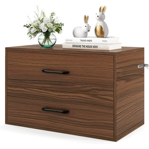 POWERSTONE 2 Drawers Wooden Organizer, Storage Cabinets Under Desk Storage Small Dresser with Drawers for Living Room, Office Home, Walnut