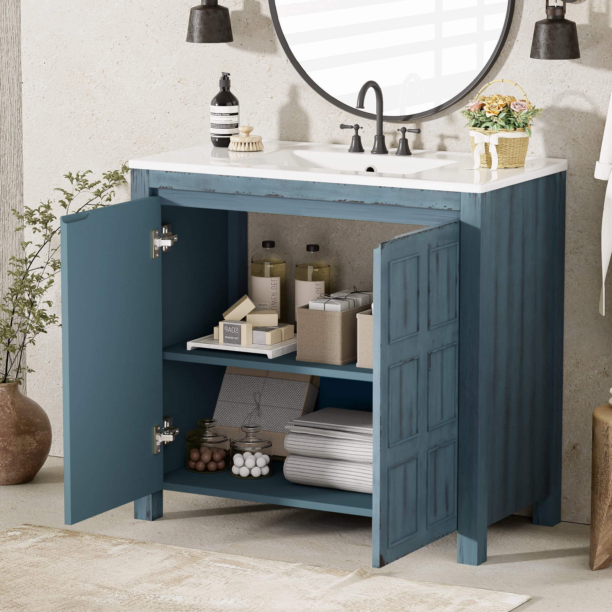 Euroco 36 " Bathroom Vanity Organizer with Ceramic Sink, Set Bathroom Storage Cabinet, Retro Blue