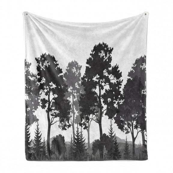 Black and White Soft Flannel Fleece Blanket, Summer Forest with Pine and Fir Trees Grass Bush Silhouettes, Cozy Plush for Indoor and Outdoor Use, 50" x 60", Grey White Charcoal Grey, by Ambesonne