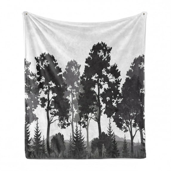 Black and White Soft Flannel Fleece Blanket, Summer Forest with Pine and Fir Trees Grass Bush Silhouettes, Cozy Plush for Indoor and Outdoor Use, 60" x 80", Grey White Charcoal Grey, by Ambesonne