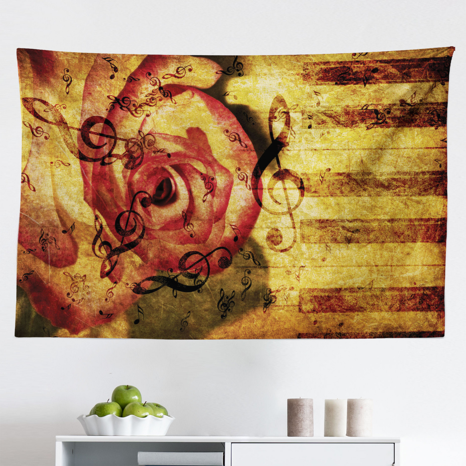 Tenture Murale Extra Large Fleurs Et Musique - 100% Polyester - Style Vintage - Neuf