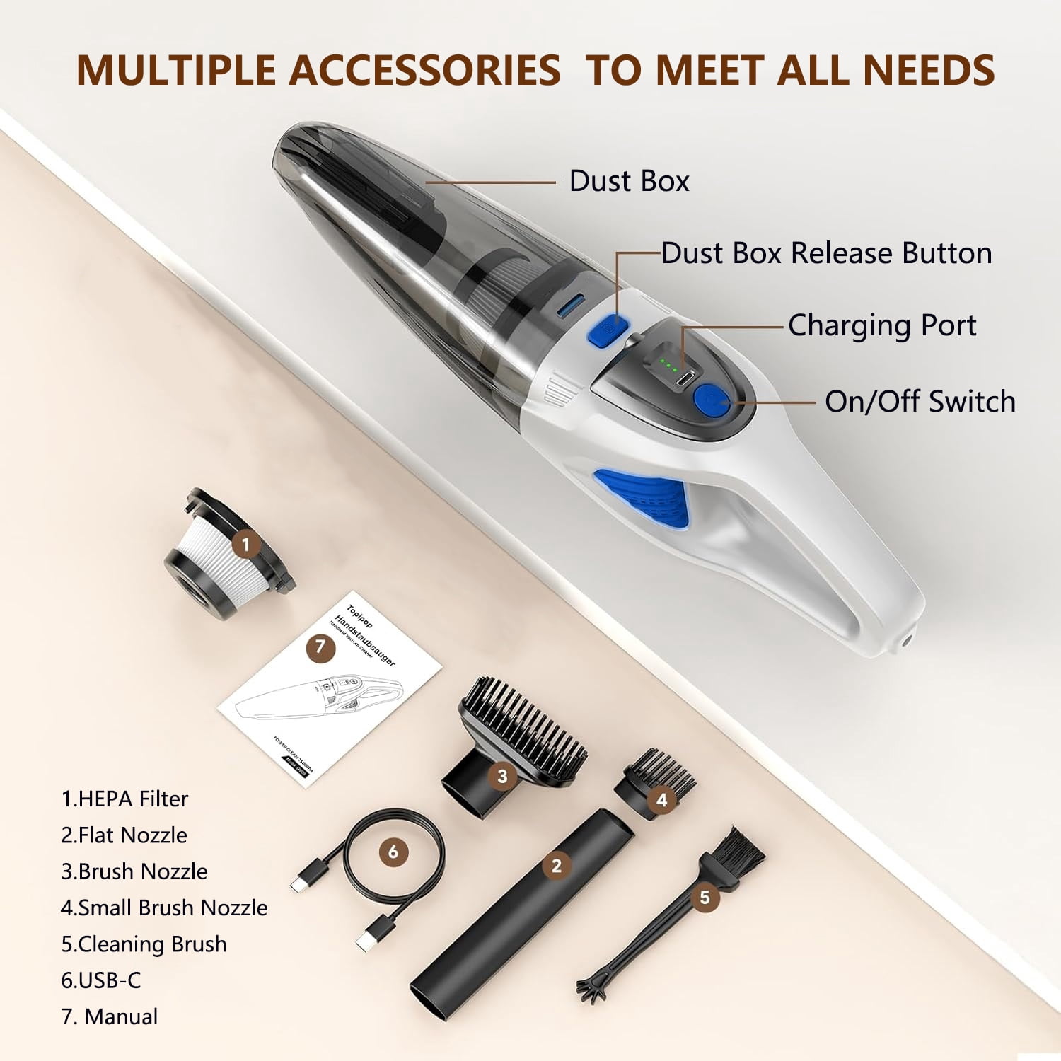 TRAKAR Handheld Vacuum Cordless, 28000PA Strong Suction Hand Held Car Vacuum Cleaner, Portable Hand Vacuum Rechargeable with Nozzles & LED Light for Home, Car, Office, Pet Hair