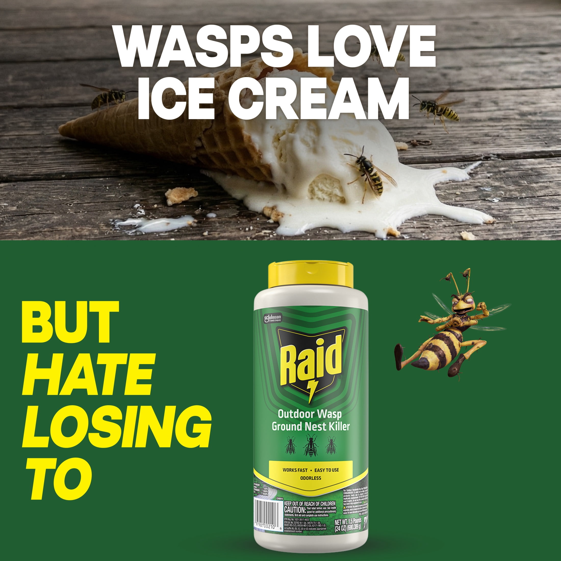 Raid Outdoor Wasp Ground Nest Killer, Dust Insecticide for Outside Household Use on Wasps, Fast-Working, Easy-To-Use and Odorless, 24 oz