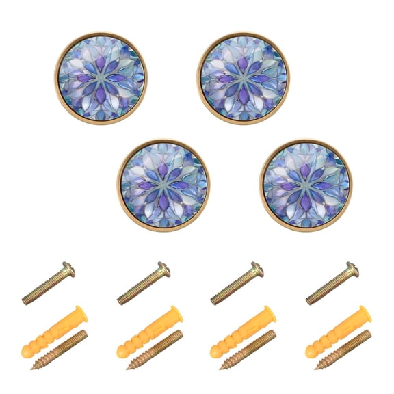 Kitchen Cabinet Knobs Cabinet Handles 1.25 inch Diameter Zinc Alloy Purple Blue Floral Stained Glass 4 Pack