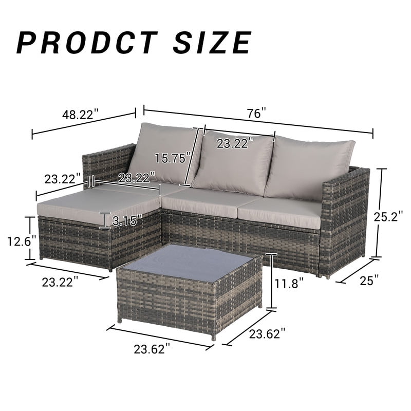 3-Piece Patio Furniture Set with Coffee Table, Outdoor L-Shaped Sectional Sofa Set with Ottoman, Wicker Outdoor Conversation Set for Backyard Poolside