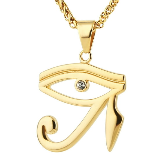 HZMAN CZ Eye of Horus Egypt Protection Pendant on Stainless Steel Necklace (Gold)