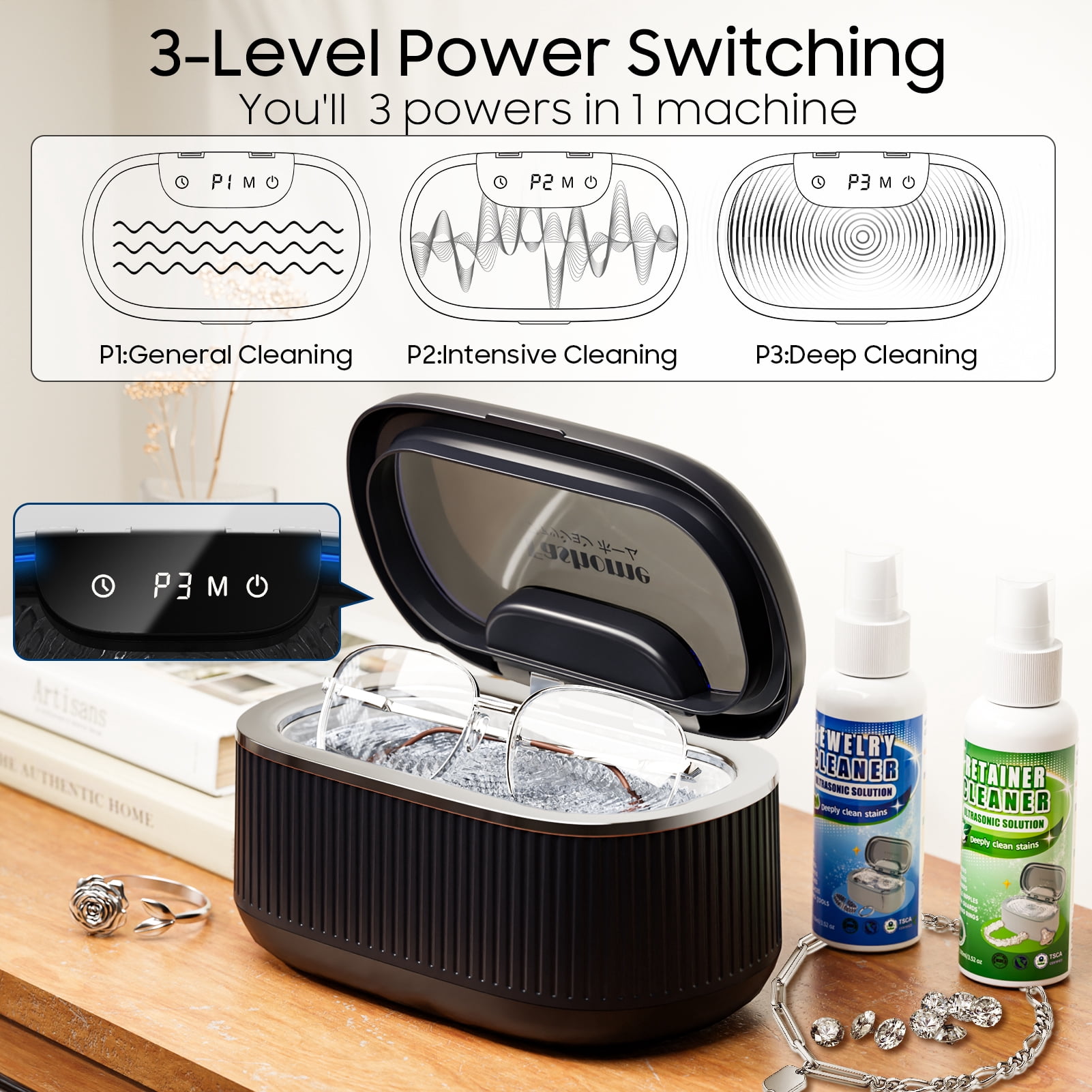 Professional Ultrasonic Jewelry Cleaner with Solution, 20oz 550ML Sonic Cleaner for Silver, Gold, Diamond Rings, Necklaces, Retainers, Eyeglasses, Dentures, 304 Stainless Steel Tank with Lights