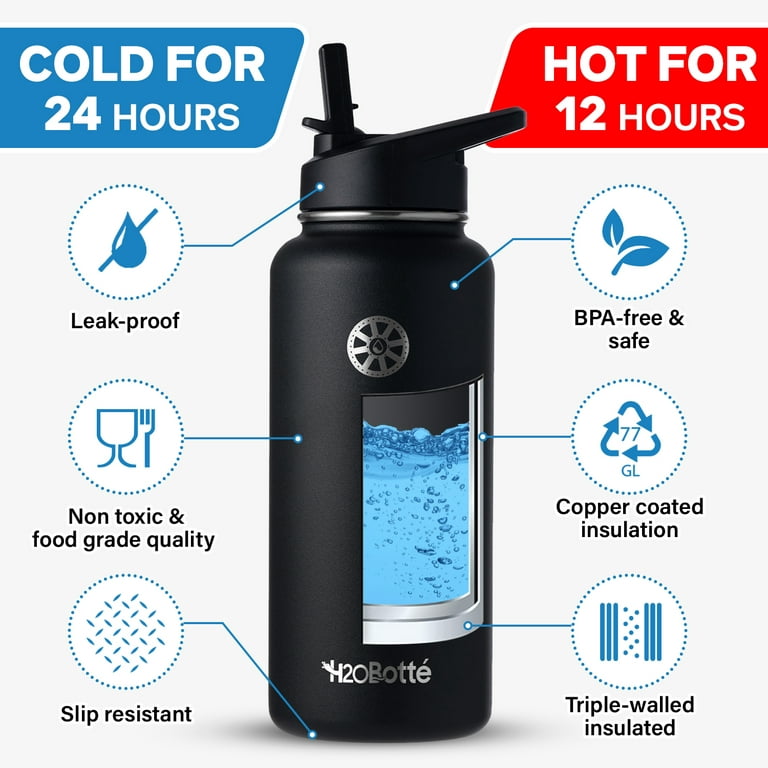 H2OBotté Stainless Steel Vacuum Insulated Water Bottle – Triple-Walled – Pro-Grade Leakproof Stainless Steel Travel Flask – 24 Hours Cold 12 Hours