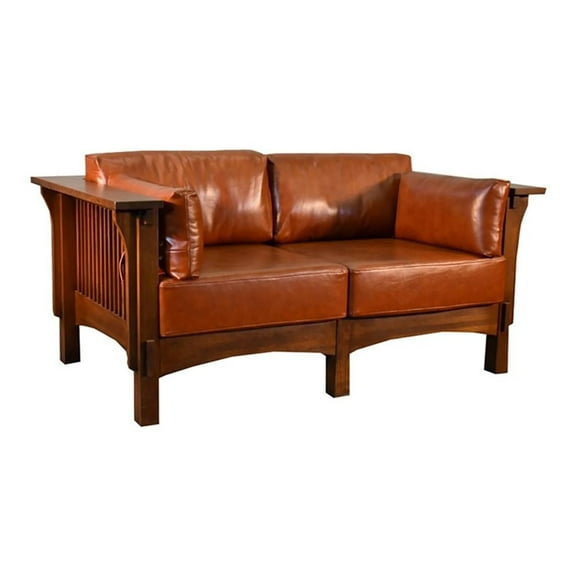 Crafters and Weavers Arts and Crafts Leather Loveseat in Russet Brown