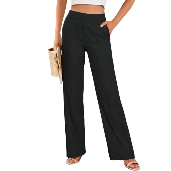 JUSLIO Women Pants Linen Loose with Pockets Fashion Casual High Waist Straight Pants