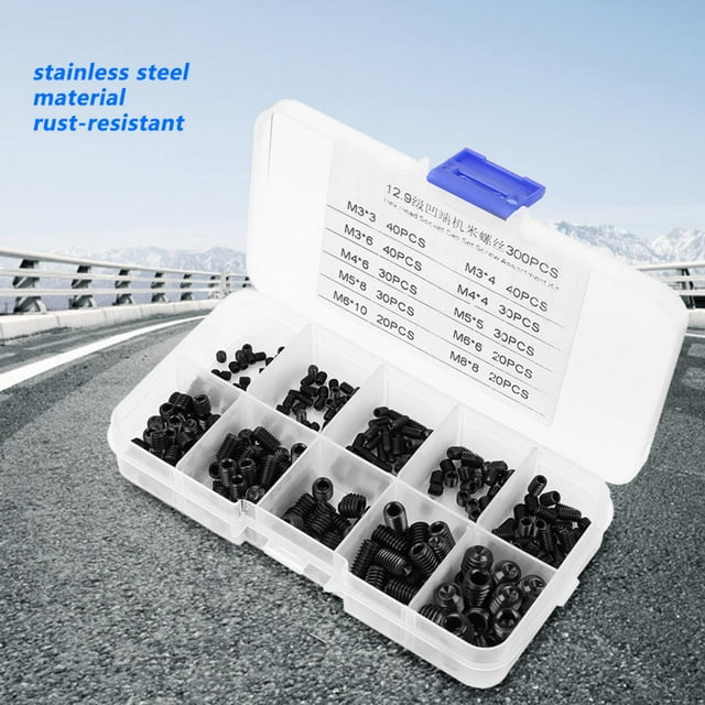 Ensemble de Vis à Tête Plate 300Pcs en Acier Inoxydable Vis à Tête Hexagonale Ensemble Kit d'Assortiment avec Boîte de Rangement Noir