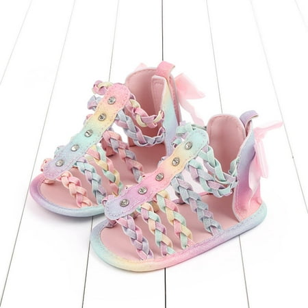 Floleo Clearance Toddler Shoes Baby Girls Cute Fashion Rhinestones Weave Hollow Out Bow Non-slip Soft Bottom Sandals