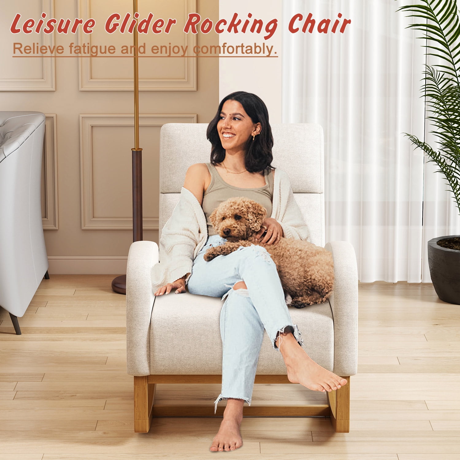Rocking Chair Nursery Accent Chair for Bedroom Glider Comfy with High Backrest Upholstered Living Room Chair with Side Pocket, Cream