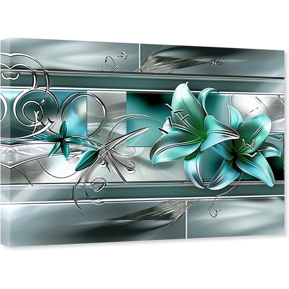ZHONGYUTONG Teal Lily Canvas Wall Art Abstract Abstract Turquoise Canvas Flower Pictures Modern Floral Painting for Bedroom Decor Framed (12.00" x 18.00")