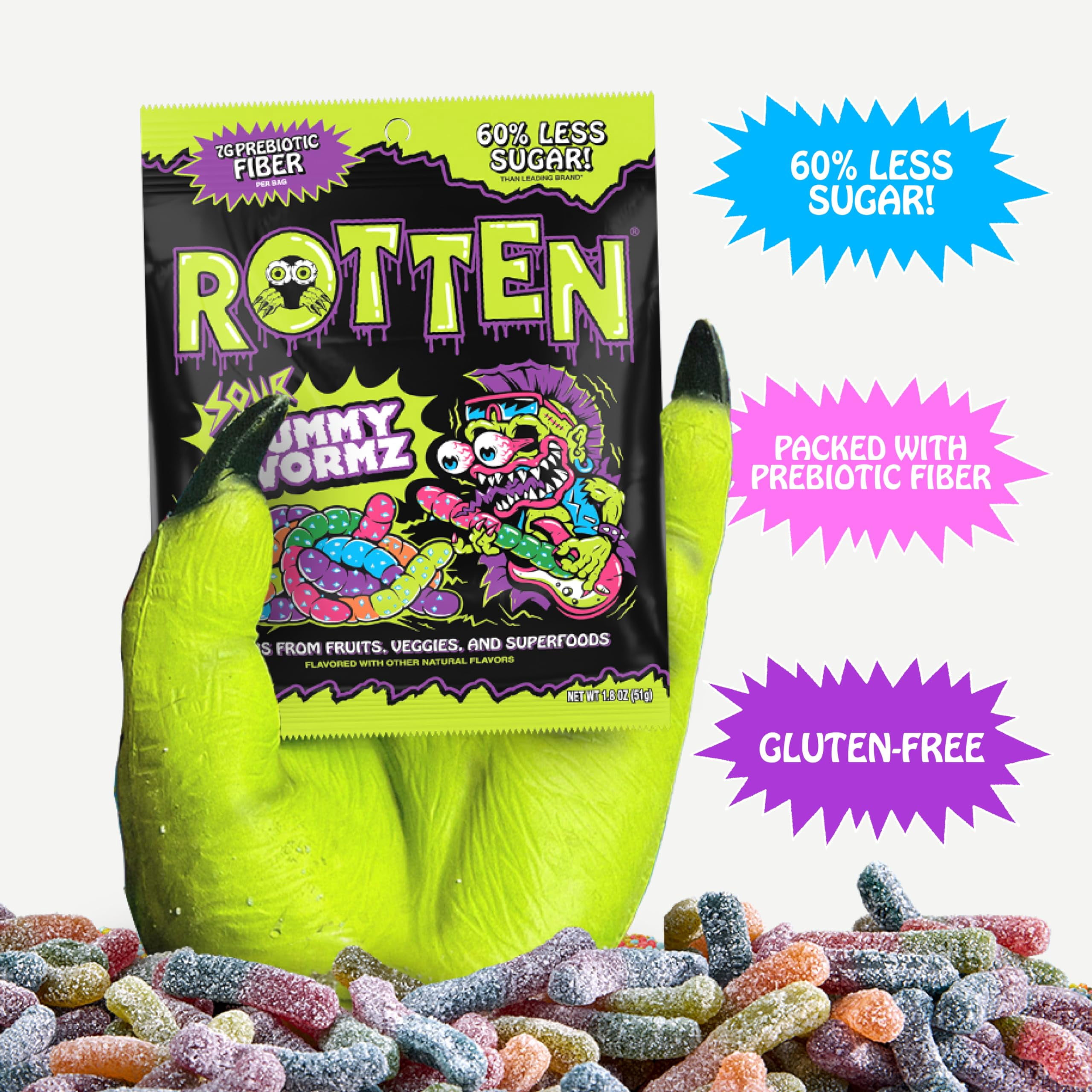 Rotten Sour Gummy Worms - Low Sugar, Low Calorie, 7g Gut-Friendly Prebiotic Fiber and 3g Protein, Gluten Free Candy - 1.8 oz - 8-Pack