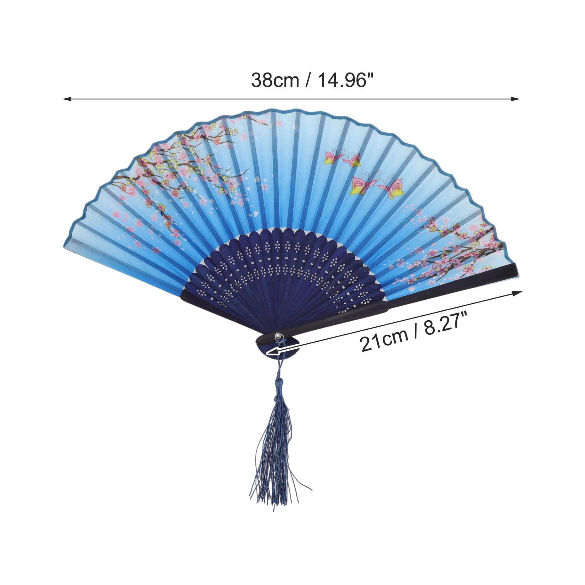 Unique Bargains Ancient Style Folding Fan 1Pc Blue [Butterfly Cherry Blossom Theme]