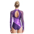 thumbnail image 3 of Nyeemya Women's Rhinestone Ballet Dance Leotard Long Sleeve Gymnastics Bodysuit Figure Skating Top Purple M, 3 of 5