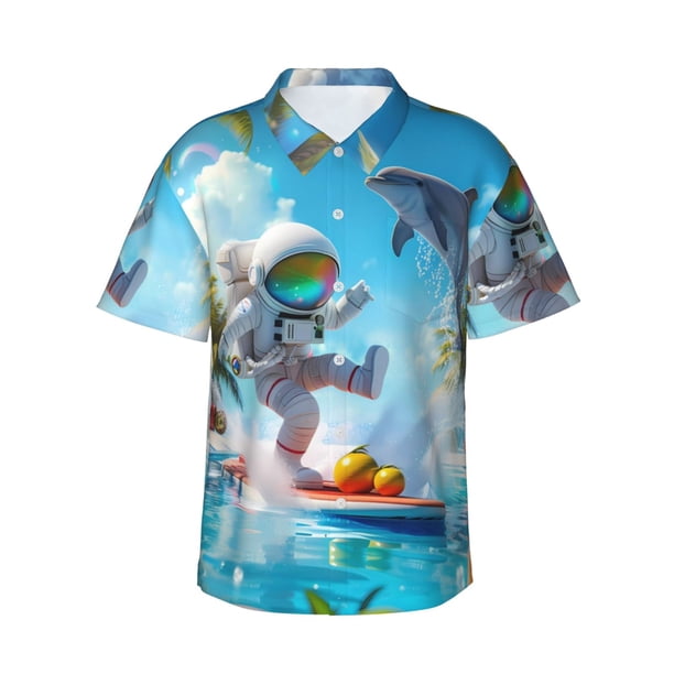 Balery Astronaut Tropical Dolphin Camisas hawaianas de manga corta para hombre, camisas playeras de corte holgado, camisas de vacaciones con botones,XX-Large