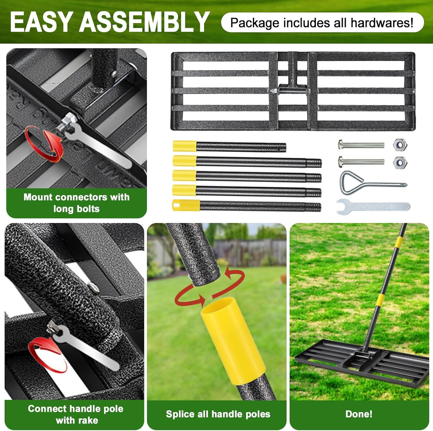 YeYeBest 27" x 10" Lawn Leveling Rake,Large Level lawn Tool, 5ft Adjustable Long Handle Level Lawn Rake for Soil Grass Golf Field