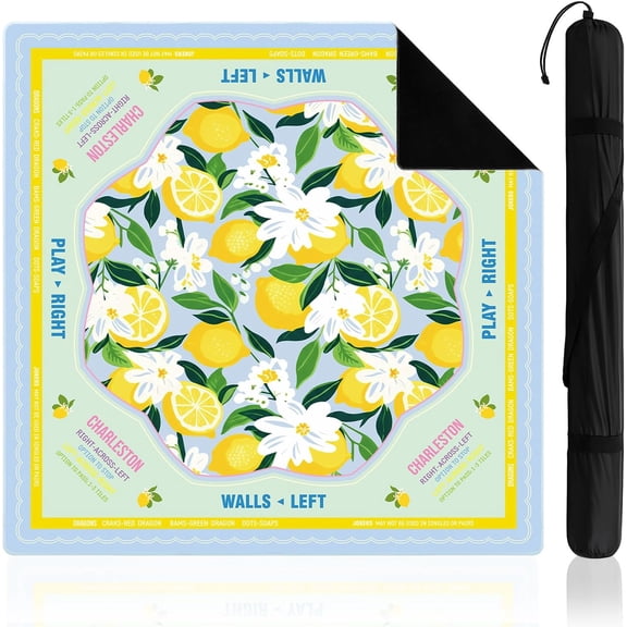 Yellow and Blue Lemon American Mahjong Mat with Rules for Table, No Creases, Ships Rolled, 31.5 x 31.5 Non-slip Noise Reduction Gaming Mat with Carrying Bag for Mahjong Poker Card Board Games