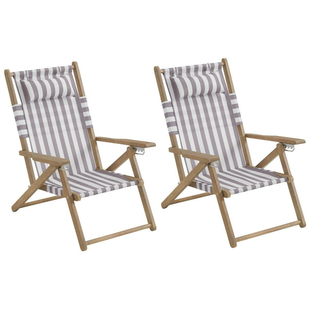 Lavish Home Ensemble de 2 Chaises de Plage - Chaises Pliantes en Bois Résistantes aux Intempéries avec Sangles de Transport et Siège Inclinable - Essentiels de Plage (Taupe)