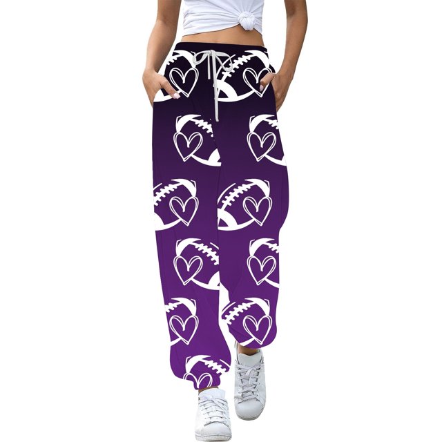 Pantalons Cargo pour Femmes Rugby Festival Bas Imprimé Poche Taille Haute Jogging Voyage pour Femmes Violet Foncé TG
