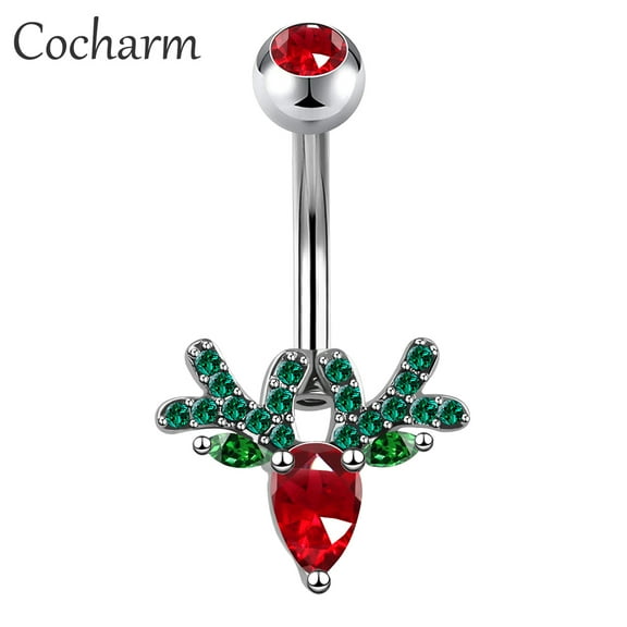 COCHARM Christmas Reindeer Belly Button Ring Stainless 14G Navel Curved Barbell Piercing Jewelry