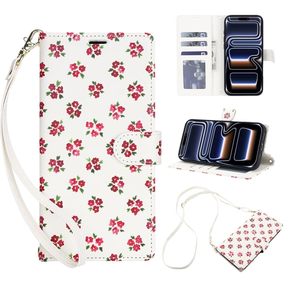 For Samsung Galaxy A26 5G Floral Crossbody Wallet Case, Premium PU Leather Flip Kickstand Folio Cover with 4 Card Slots Cash Pocket Shoulder Strap Wristlet Cute Flower for Travel,Red
