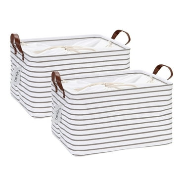 Hinwo 8.3 Gal./33.2 Qt./31.5 L Canvas Storage Bins, Rectangle Storage Baskets, Storage Cubes with Totes, Drawstring Closure, 16.5 x 11.8 x 9.8 Inches, 2-Pack, Grey Stripe