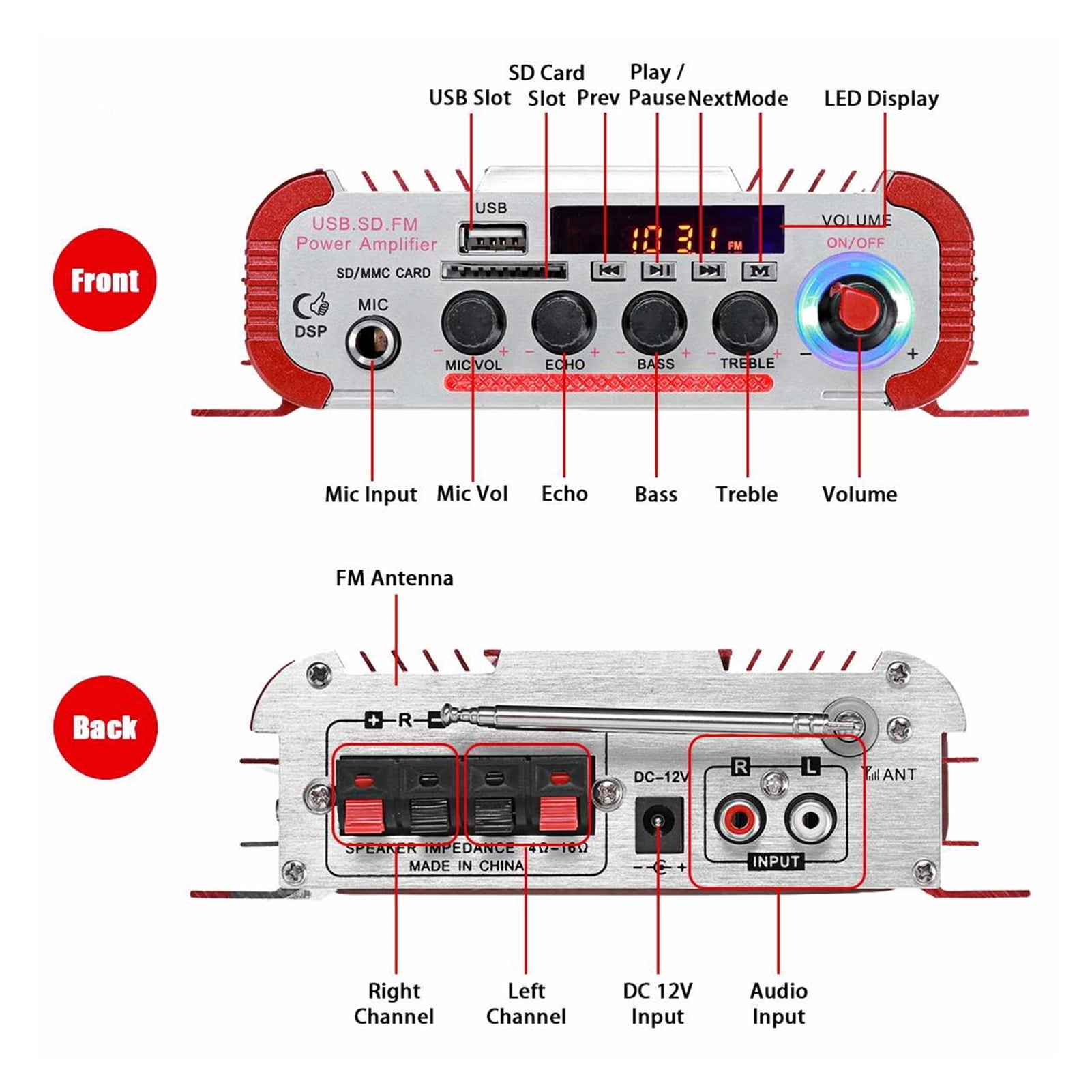HY60 600W 2CHHifi Audio Home Digital Amplifiers Car Audio Bass Power Amplifier Mic FM USB SD Radio Subwoofer Speakers ,Powerful Sound Quality