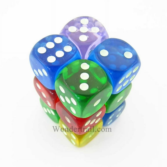 Assorted Transparent Dice with Glow in the Dark Pips D6 16mm (5/8in) Pack of 12 Koplow Games