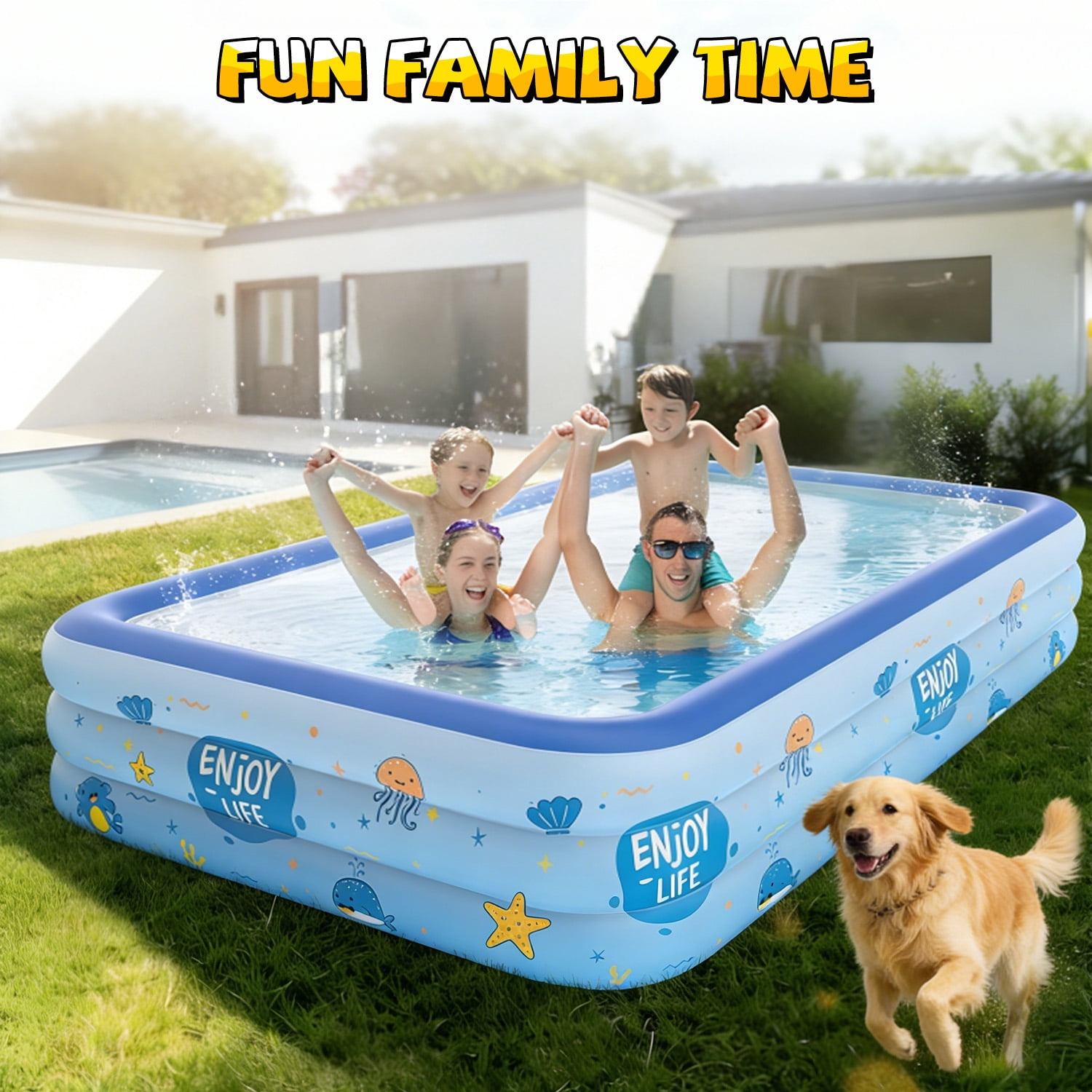 WonderStone Inflatable Swimming Pool, 113'' x 63'' x 20'' Large 3-Layer Thickened PVC Blow Up Pool with 8 Ocean Balls, Durable Family Pool for Adults & Kids, Backyard Garden Summer Water Fun