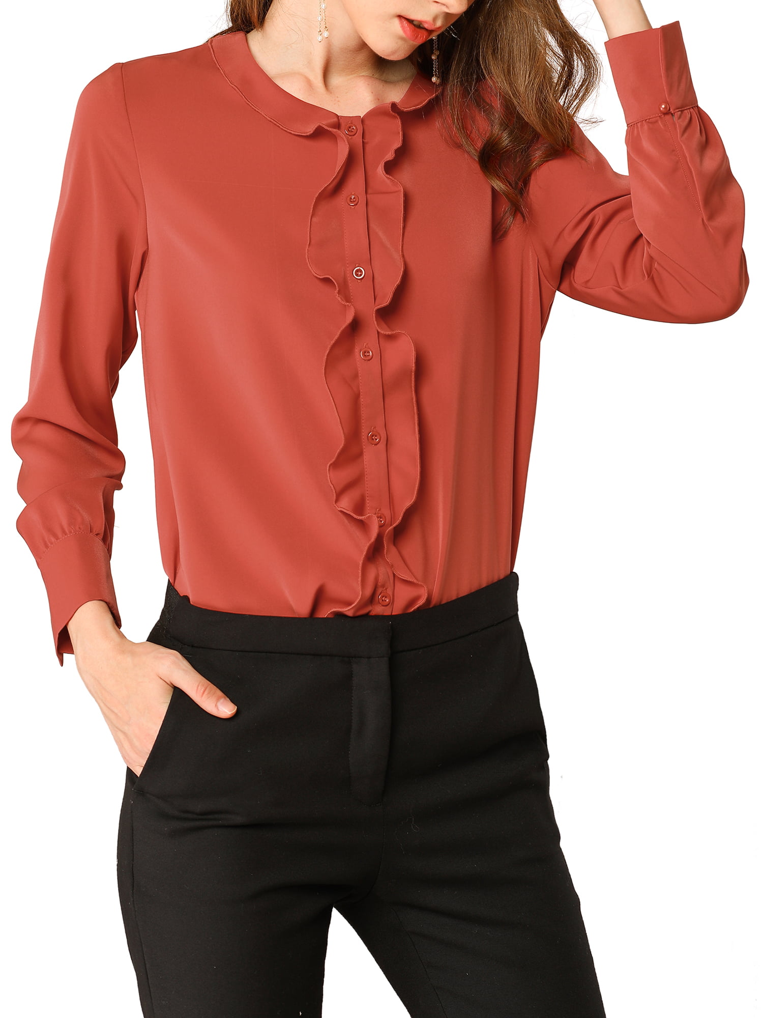 Champagne Satin Button Down Solid Collar FRONT RUFFLE Shirt Long Sleeve Blouse