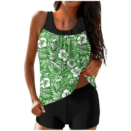 ZQGJB Blouson Tankini Swimsuits for Women Two Pieces Summer Tropical Printed Beach Flowy Swim Tank Top and Boyshorts Tummy Control Bathing Suits(Green#02 XL)