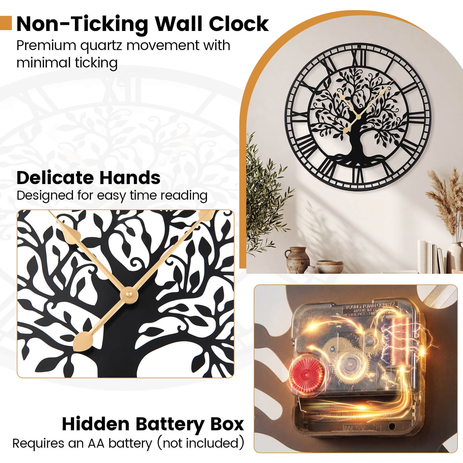 Costway Large Wall Clock, 27” Tree of Life Big Metal Clock, Non-Ticking Decorative Clock