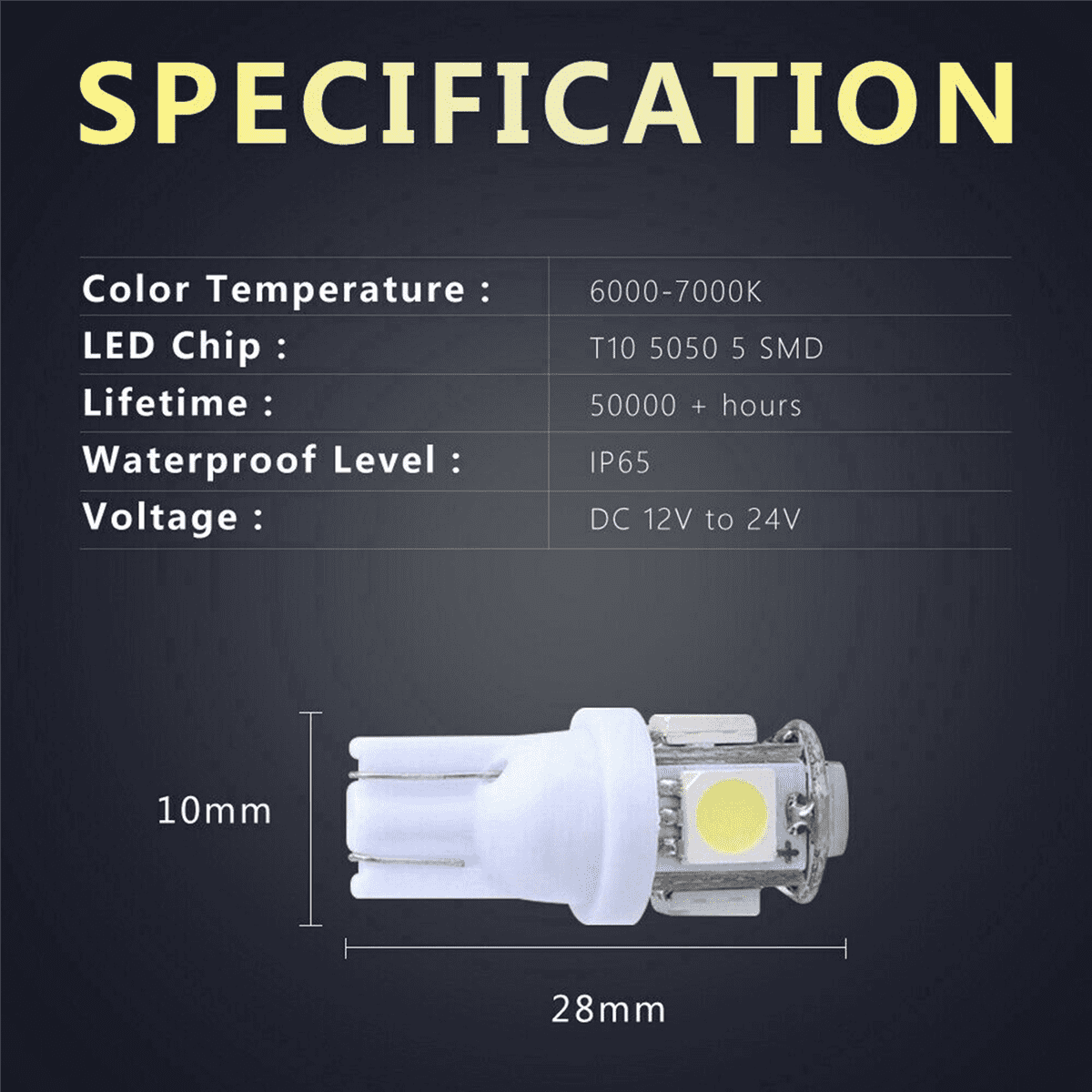 10-100x T10 Wedge 5-SMD 5050 LED Bulbs – 6000K White, W5W 2825 168 194 (License Plate, Interior, Map, Dome)