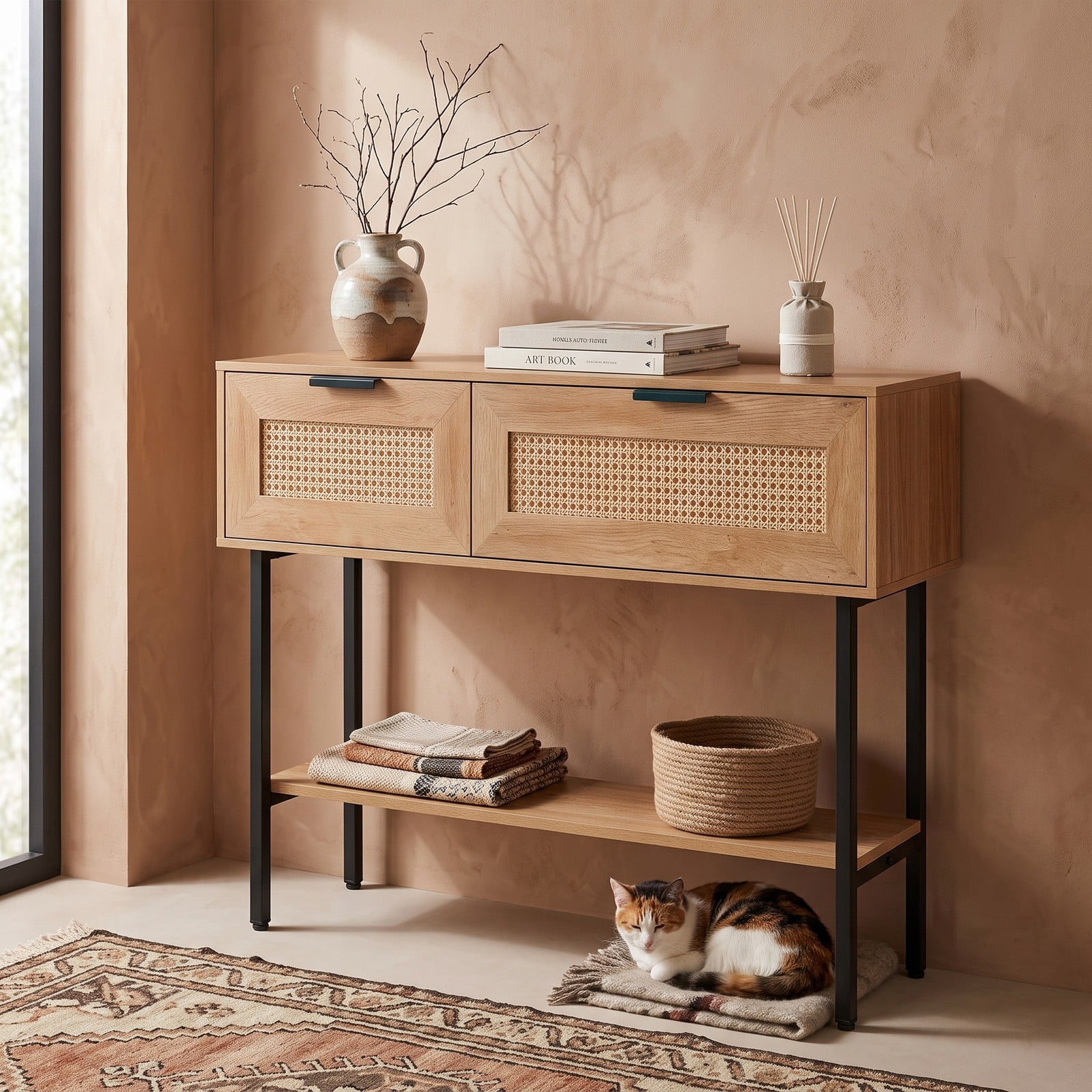 Furnibear Rattan Console Table with 2 Storage Drawers and Open Shelf and Carbon Steel Frame for Entryway and Hallway, Natural