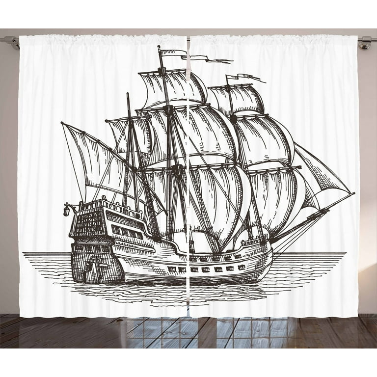 Pirate Ship Curtains 2 Panels Set, Old Retro Style Ship Floating on Water Antique Cruise Marine Sketch Art, Window Drapes for Living Room Bedroom, 108W X 63L Inches, Dark Brown White, by