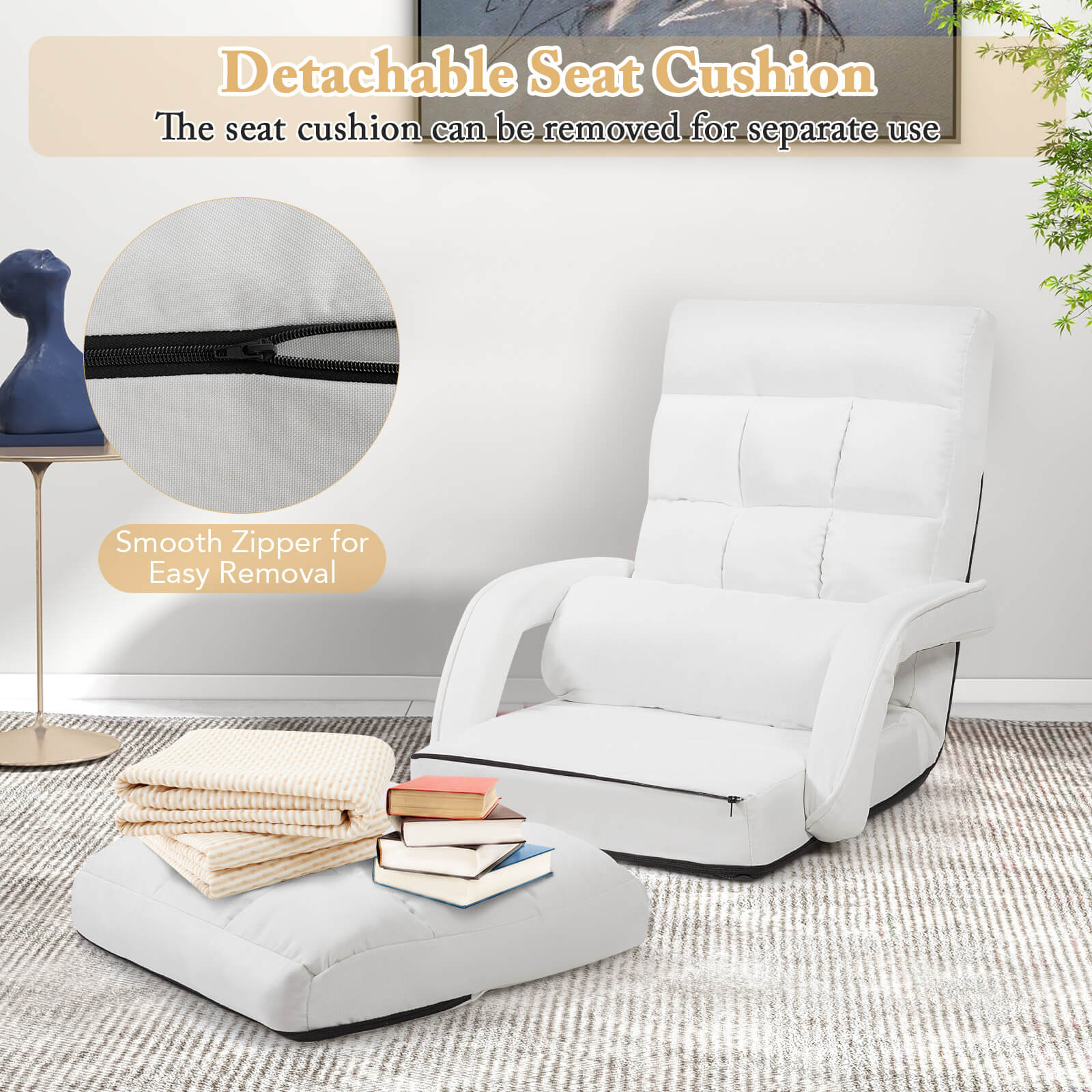 Costway Folding Floor Single Sofa Recliner Chair W/ a Pillow 5 Adjustable Backrest Position Leisure Lounge Couch White